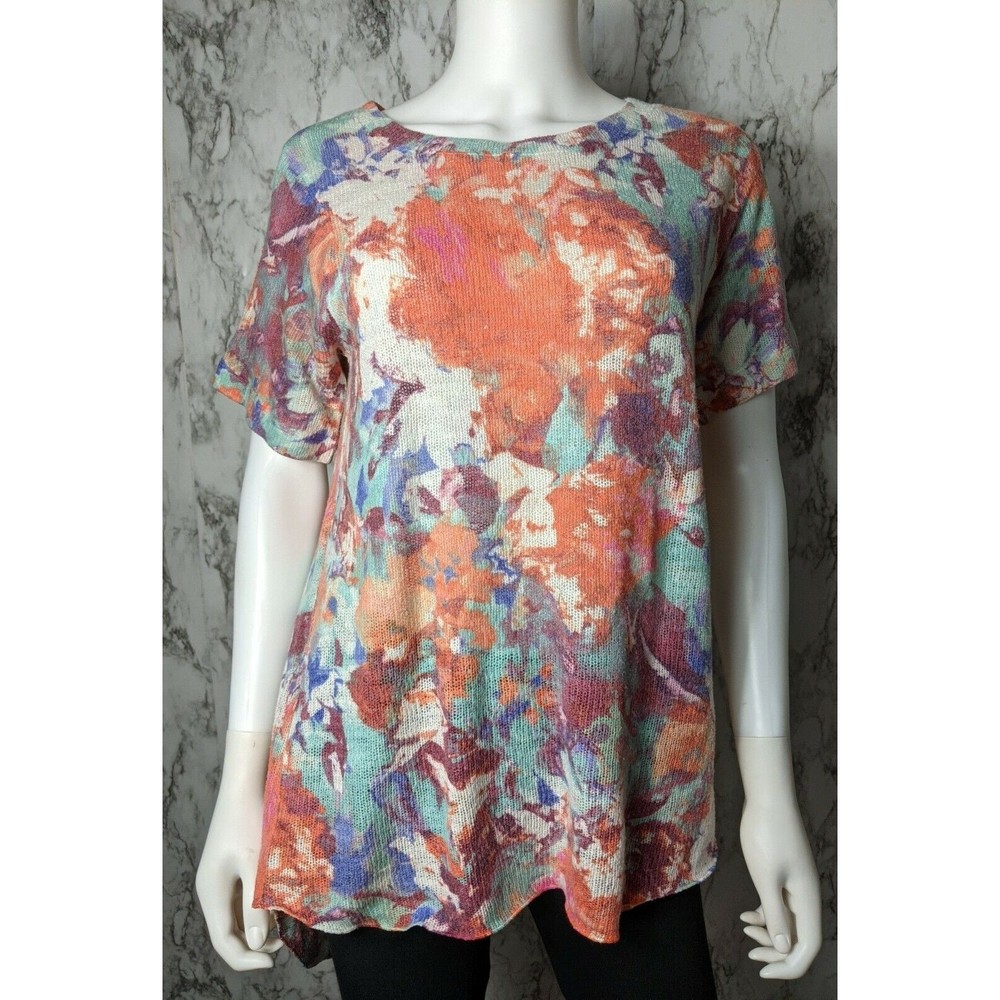 Soft Surroundings L Large Runs Small Late Bloom Knit Watercolor Short Sleeve Top
